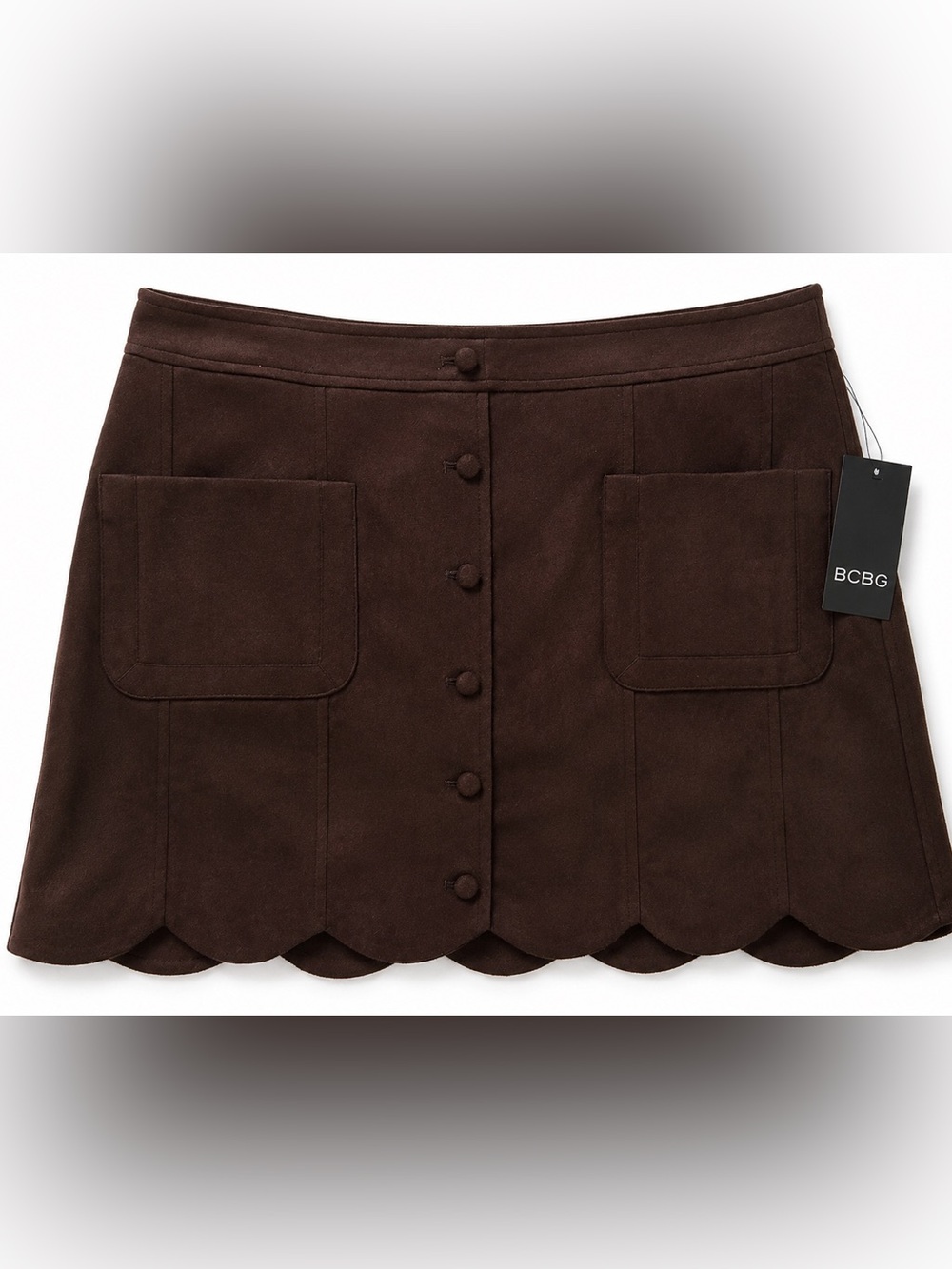 BCBG Chocolate Brown Faux Suede Skirt Size 16 NWT Scallop Hem
